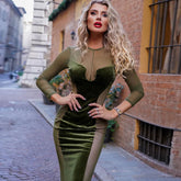 Vestido maxi de terciopelo estilo sirena, sexy, con paneles de malla transparente y mangas largas - Verde oliva