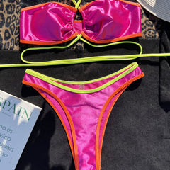 Neon High Cut Cheeky Wrap Halter Brazilian Two Piece Bikini Swimsuit