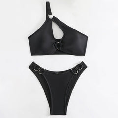 Metallic O Ring High Leg Cutout One Shoulder Brazilian Two Piece Bikini Swimsuit