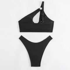 Metallic O Ring High Leg Cutout One Shoulder Brazilian Two Piece Bikini Swimsuit