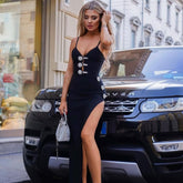 Sexy Abendkleid mit tiefem Ausschnitt, Kristallblumen, ärmellos, Bandage-Strick, Schlitz