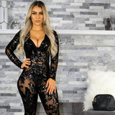 Mono sexy ajustado con escote pronunciado, manga larga, semitransparente, floral y lentejuelas