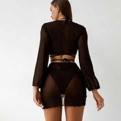 Traje de baño de bikini brasileño de cuatro piezas con volantes y pierna alta tipo triángulo