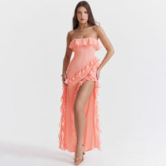 Vestido de noche largo sexy con cuello con volantes, drapeado, tirantes laterales y abertura alta sin tirantes