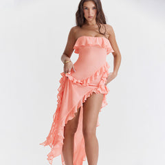 Vestido de noche largo sexy con cuello con volantes, drapeado, tirantes laterales y abertura alta sin tirantes