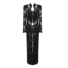 Sexy Duster-Jacke aus transparenter Spitze, ärmelloses Korsett, hohe Taille, Schlaghose, passendes Set