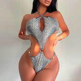Snake Print Cutout Cheeky O Ring Halter Monokini Brazilian One Piece Swimsuit