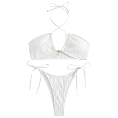 Traje de baño bikini brasileño de dos piezas con cuello halter texturizado y lazo sólido