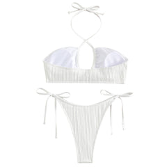 Traje de baño bikini brasileño de dos piezas con cuello halter texturizado y lazo sólido