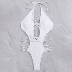 Textured Cutout Strappy Thong Deep V Monokini Brazilian One Piece Swimsuit