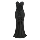 Vestido de noche largo estilo sirena con escote en forma de corazón, fruncido, drapeado y volantes recortados