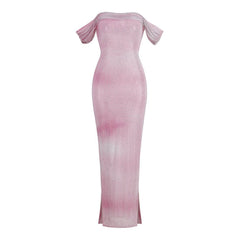 Shimmering Gradient Rhinestone Ruched Off Shoulder Side Split Maxi Sheer Dress
