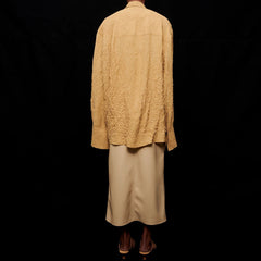 Eleganter Midirock aus veganem Leder mit Kordelzug, hoher Taille und Schlitz vorne - Khaki