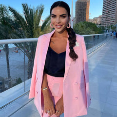 Elegantes Zweireiher-Blazer-Schlaghose-Set mit Satin-Einsätzen - Rosa