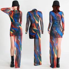 MULTI COLOR MINI DRESS with SIDE TRAIN
