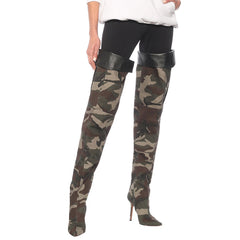 Lässige Overknee-Stiefel mit spitzer Zehenpartie und Stilettoabsatz im Camouflage-Muster - Militärgrün