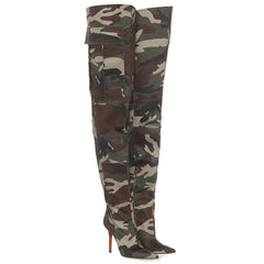 Lässige Overknee-Stiefel mit spitzer Zehenpartie und Stilettoabsatz im Camouflage-Muster - Militärgrün