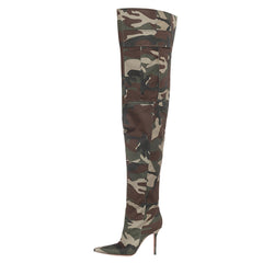 Lässige Overknee-Stiefel mit spitzer Zehenpartie und Stilettoabsatz im Camouflage-Muster - Militärgrün