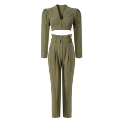 Pantalones elegantes de cintura alta, plisados y con cinturón de color liso