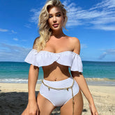 Solid Color High Waist Ruffle Off Shoulder Brazilian Two Piece Bikini Swimsuit