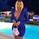 Vestido mini de lentejuelas con cuello brillante, escote pronunciado y manga larga - Azul rey