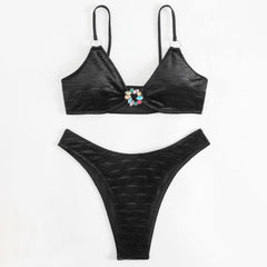 Sparkly Crystal O Ring High Cut Cheeky Ribbed Brazilian Two Piece Bikini Swimsuit