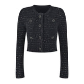 Kurzer Cardigan mit glitzernden Kristallen und Knopfleiste vorne, langen Ärmeln und Pailletten