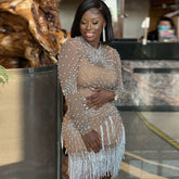 Minivestido de fiesta con flecos y abertura lateral adornado con brillantes perlas sintéticas y diamantes de imitación