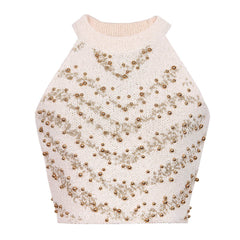 Top corto de punto con cuello redondo, rayas Charon de dos tonos y lúrex brillante, detalle de cuentas