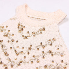 Top corto de punto con cuello redondo, rayas Charon de dos tonos y lúrex brillante, detalle de cuentas