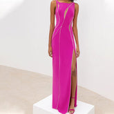 Vestido de noche largo con abertura en el muslo, de malla, adornado con brillantes diamantes de imitación