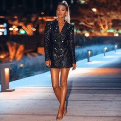 Sparkly Sequin Embellished Double Breast BlazerJacket - Black