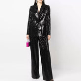 Blazer de botonadura sencilla con solapa de pico y pierna ancha adornado con lentejuelas brillantes, conjunto a juego