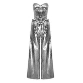 Conjunto a juego de top corto de tubo con escote en forma de corazón y pantalones de pierna ancha con lentejuelas brillantes