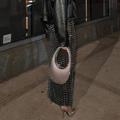 Falda midi ajustada de cintura alta con malla transparente y adornos de diamantes plateados brillantes