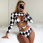 Sportlicher, dreiteiliger Bikini-Badeanzug mit kurzen, karierten Ärmeln und hoher Taille