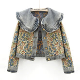 Elegante chaqueta vaquera otoñal con bordado jacquard y cuello Peter Pan para mujer