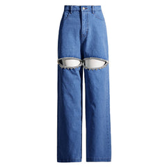 Vaqueros de mezclilla con cortes, cintura alta y pierna recta, elegantes y adornados con cristales