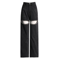 Vaqueros de mezclilla con cortes, cintura alta y pierna recta, elegantes y adornados con cristales