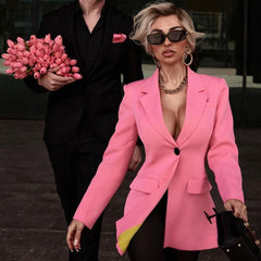 Blazer elegante de un solo pecho con solapa y cuello en contraste - Rosa