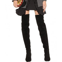 Stilvolle Overknee-Stiefel aus Wildleder mit runder Zehenpartie und niedrigem Blockabsatz - Schwarz