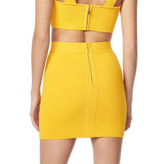 Minifalda ceñida de cintura alta con canalé, color liso y sensual - Amarillo