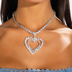 Sweet Double Heart Pendant Crystal Embellished Collar Necklace - Silver