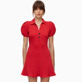 Vestido mini de punto acanalado con cuello holgado y mangas abullonadas - Rojo
