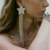 Pendientes largos con flecos y estrellas de diamantes de imitación - Plateados