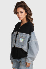 Zip-Up Sweatshirt with Denim Inserts - Black