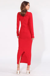 Vestido midi con escote en V y corte delantero - Rojo