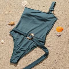 Groovy Ribbed O Ring One Shoulder Belted Brazilian One Piece Swimsuit