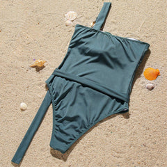 Groovy Ribbed O Ring One Shoulder Belted Brazilian One Piece Swimsuit