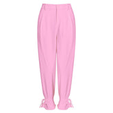 Pantalones de pierna ancha y cintura alta con lazo en el tobillo de color sólido de moda